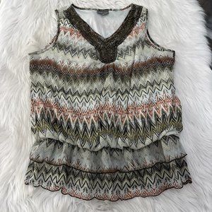 Roz Ali XL Chevron Blouse Sleeveless Beaded Deco Neckline Layered Look